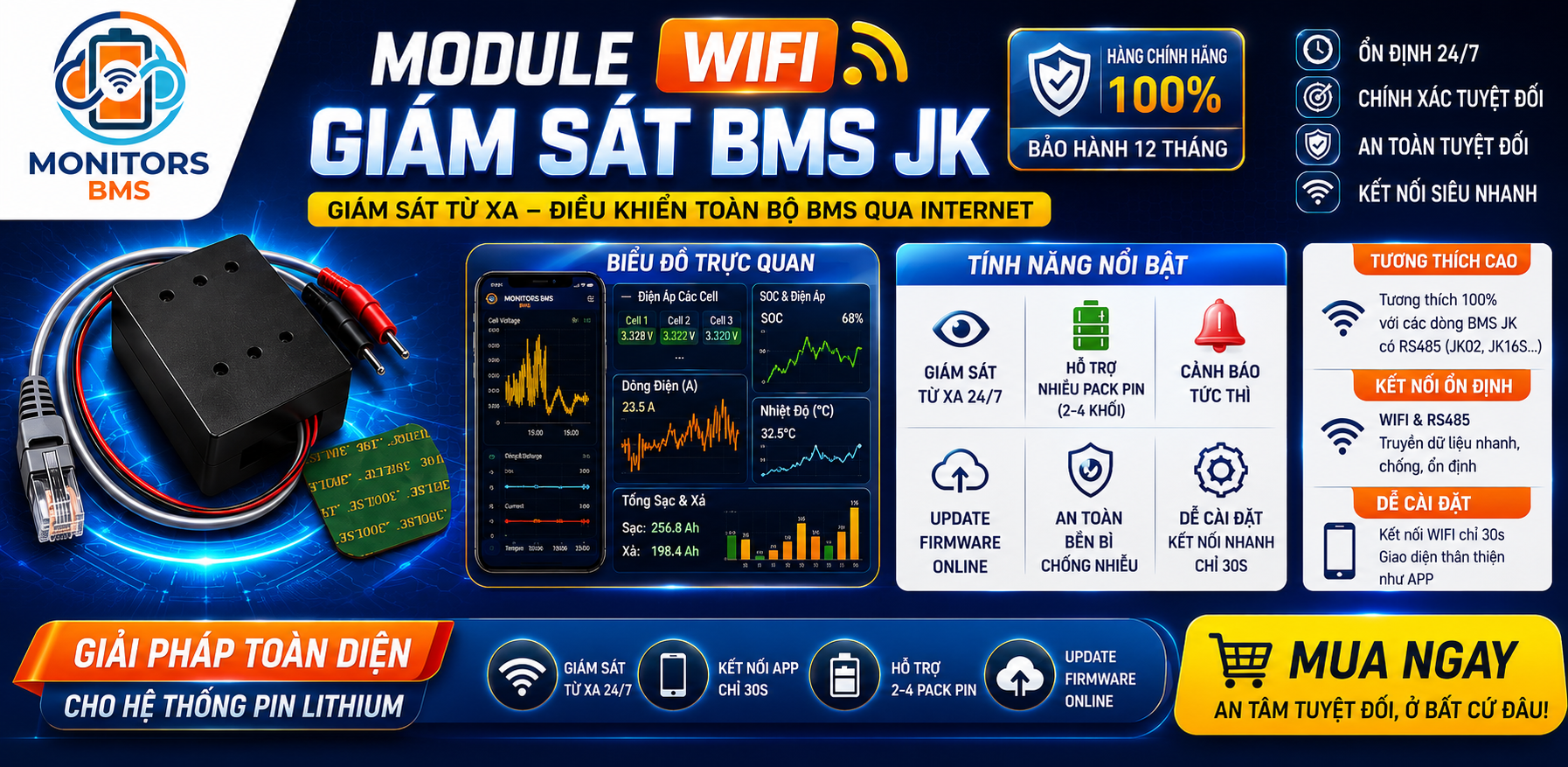 Bộ Giám Sát BMS JK Từ Xa WIFI | RS485 RS232 Bluetooth 2 Theo dõi pin Lithium 24/7